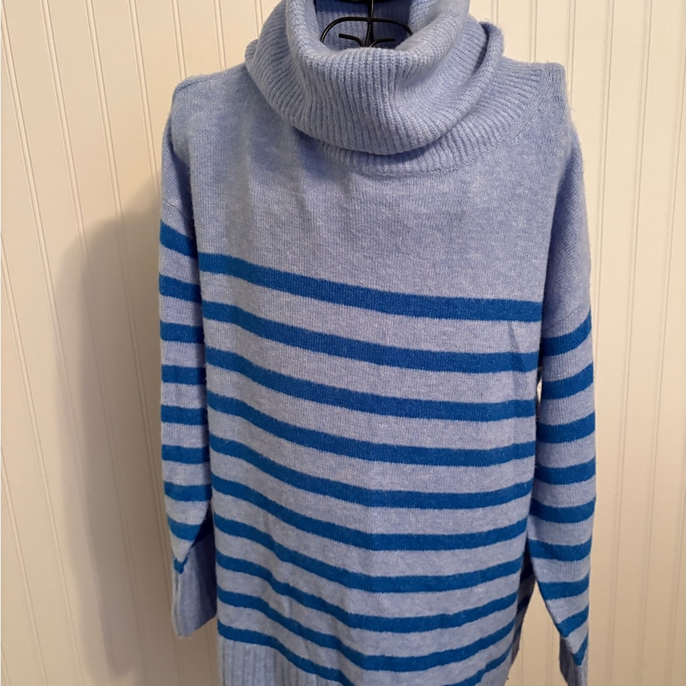 LOFT Blue/ Blue-Striped Cowl Neck Sweater